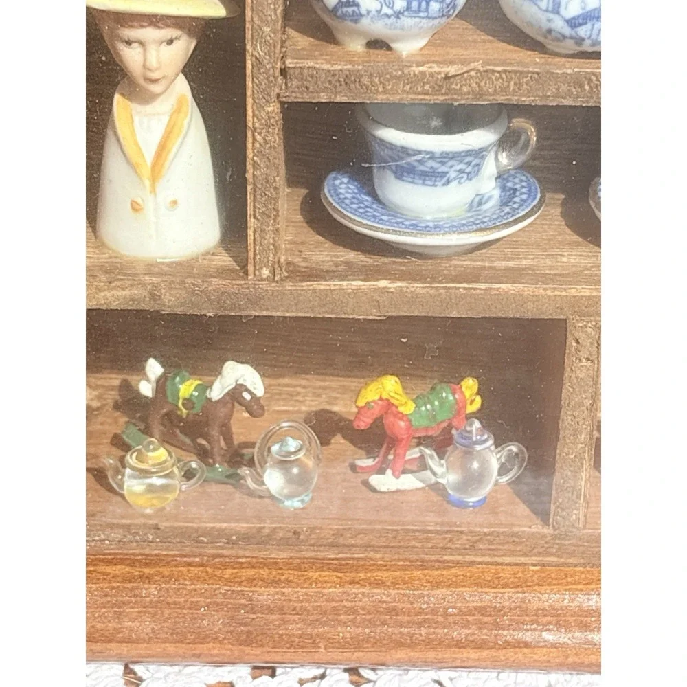 Vintage Blue Willow Miniature Tea Set Shadow Box Wall Display Case Cottagecore
